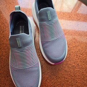 Skechers GOwalk Slip-On Knit Sneakers in Gray with Pink Accents